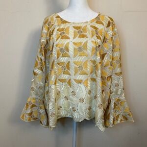 Relaxed Gold Floral Embroidered Bell Sleeve Blouse Large Boho Statement